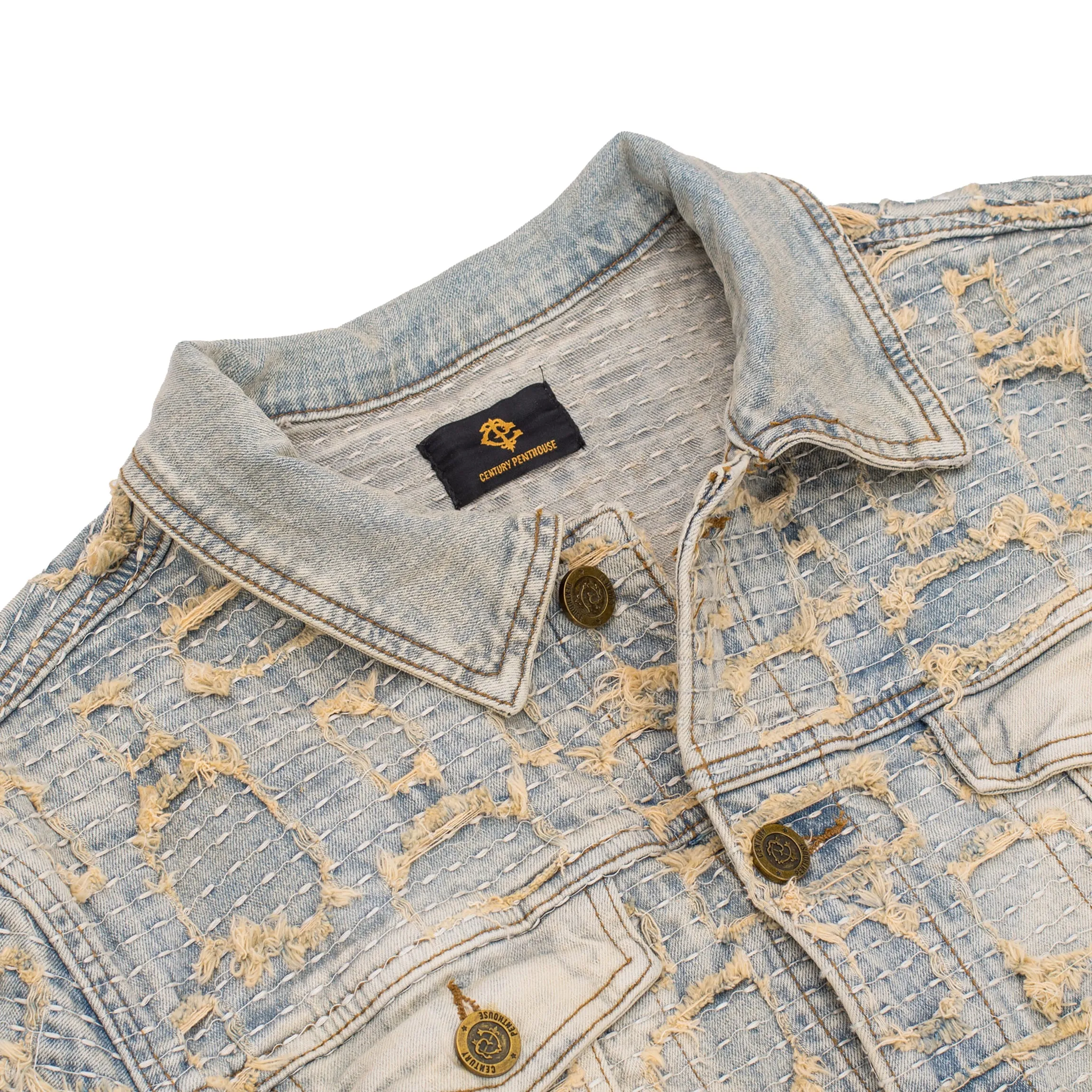 Patchwork Distressed Denim Jacket   Jeans SET - TAN