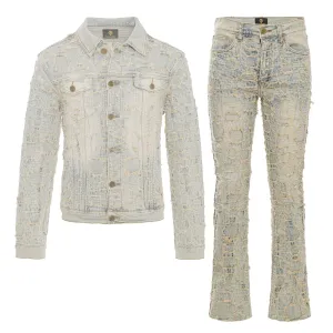 Patchwork Distressed Denim Jacket   Jeans SET - TAN