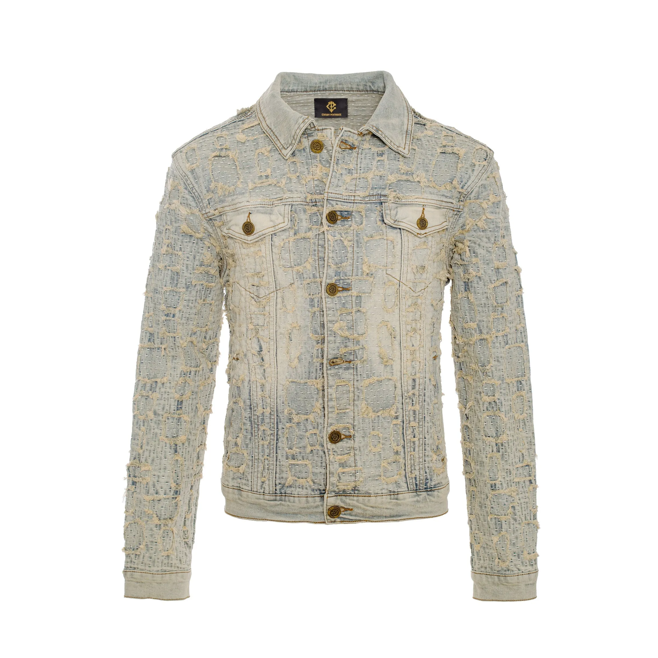 Patchwork Distressed Denim Jacket   Jeans SET - TAN