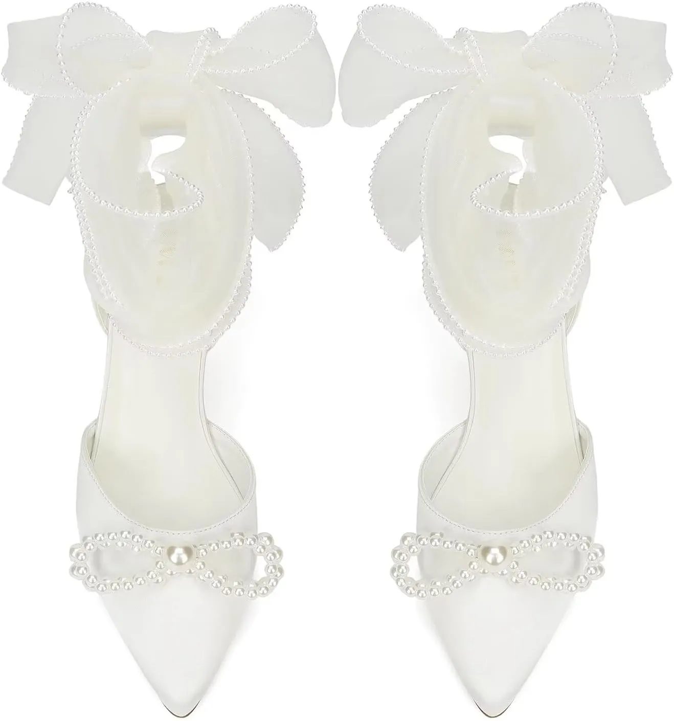 Pearl Heels Wedding Shoes for Bride Closed Toe Bridal Shoes Wedding Heels with Bow