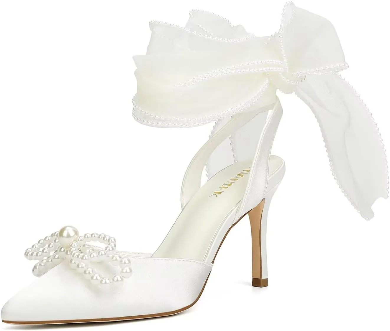 Pearl Heels Wedding Shoes for Bride Closed Toe Bridal Shoes Wedding Heels with Bow