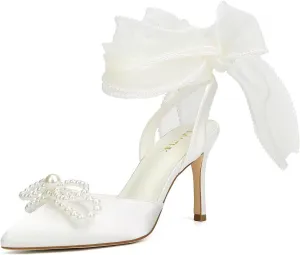 Pearl Heels Wedding Shoes for Bride Closed Toe Bridal Shoes Wedding Heels with Bow