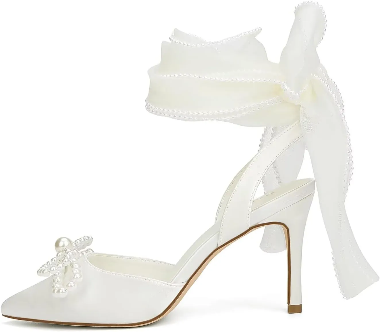 Pearl Heels Wedding Shoes for Bride Closed Toe Bridal Shoes Wedding Heels with Bow