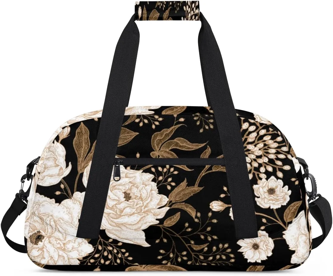 Peony Gym Duffel Bag for Men Women Embroidered Flowers Sports Tote Bag with Adjustable Shoulder Strap for Dance Gymnastics Traveling Outdoor Camping Overnight Stay
