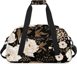 Peony Gym Duffel Bag for Men Women Embroidered Flowers Sports Tote Bag with Adjustable Shoulder Strap for Dance Gymnastics Traveling Outdoor Camping Overnight Stay