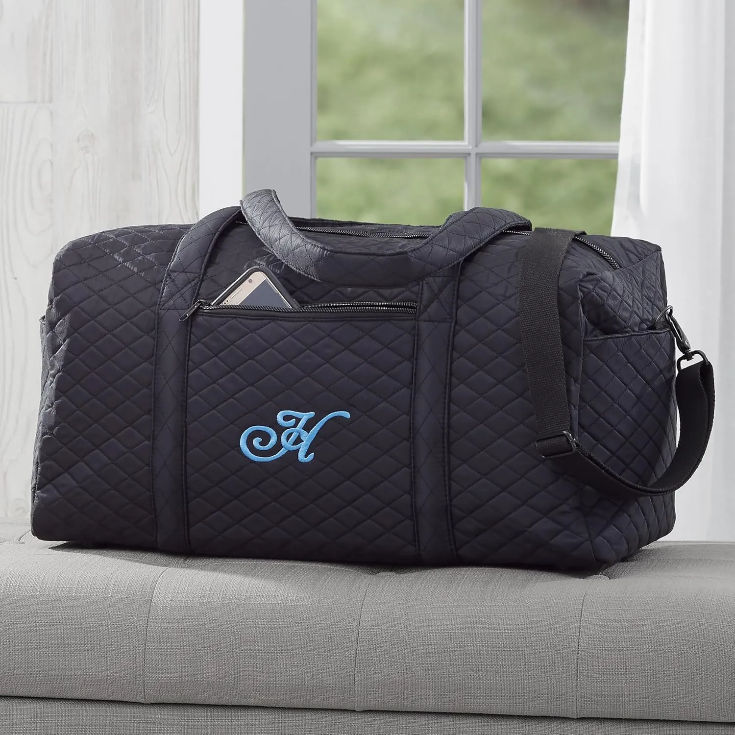 Personalization Universe Embroidered Initial Quilted Duffel Bag