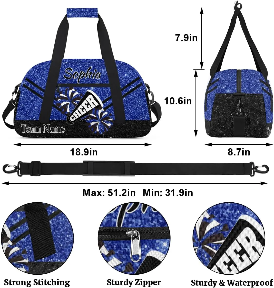 Personalized Cheer Cheerleadr Gym Duffel Bag, Custom Sport Duffle Bag, Custom Name Overnight Weekender Bag for Women Men Travel Vocation Business Trip, Dark Blue Glitter