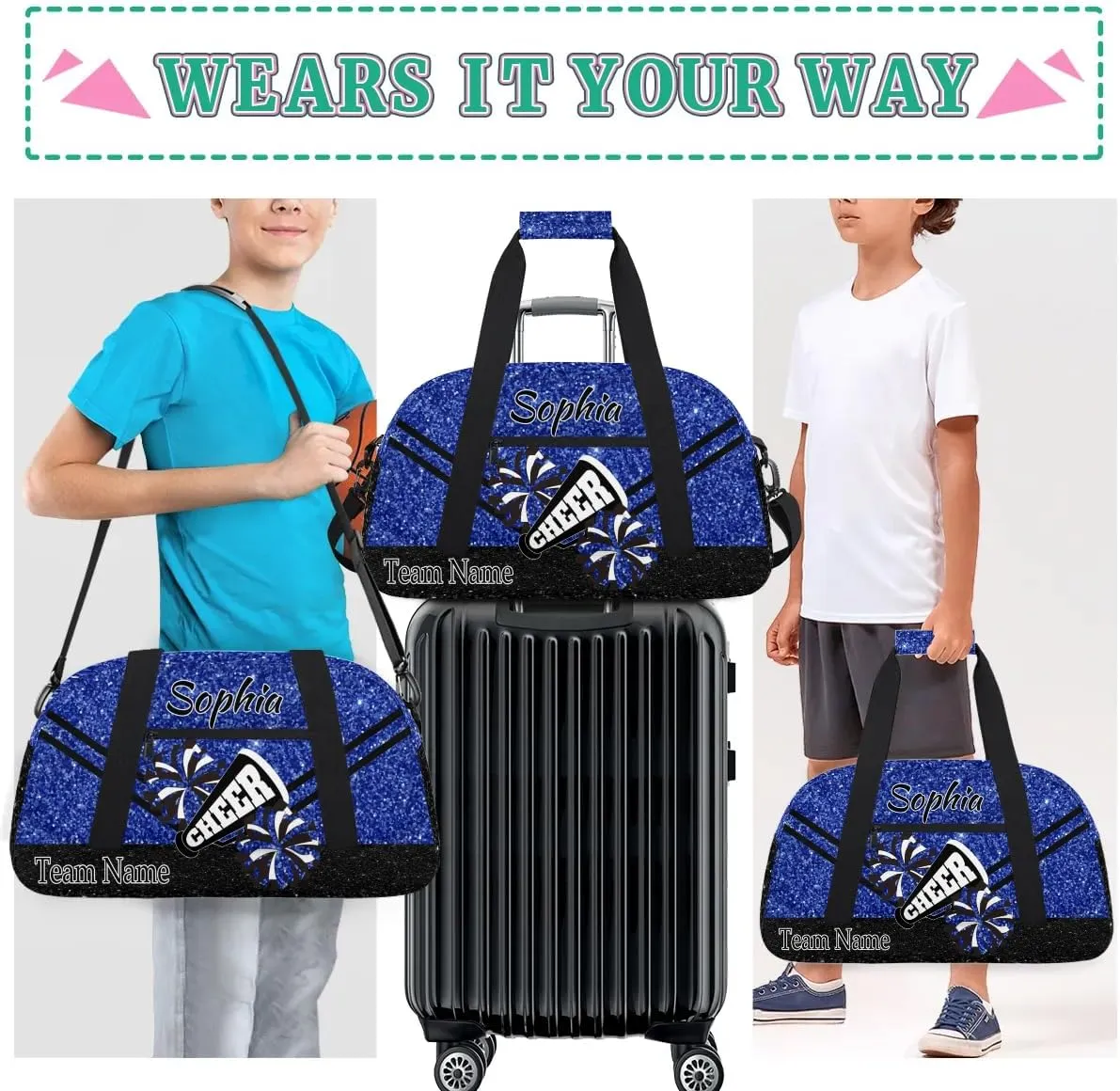 Personalized Cheer Cheerleadr Gym Duffel Bag, Custom Sport Duffle Bag, Custom Name Overnight Weekender Bag for Women Men Travel Vocation Business Trip, Dark Blue Glitter