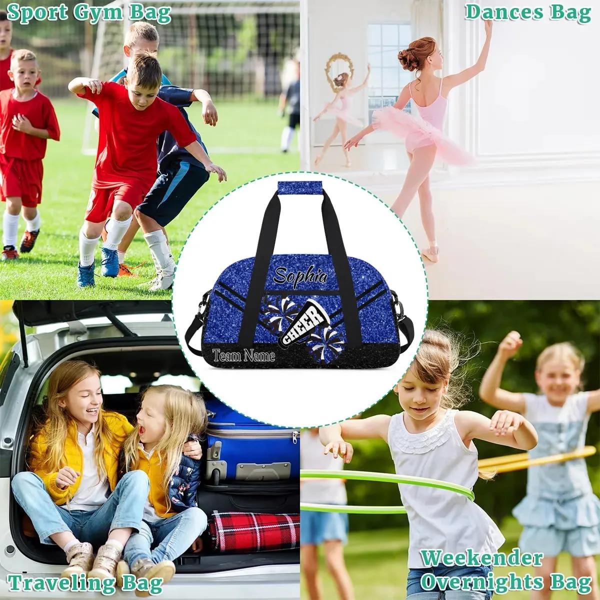 Personalized Cheer Cheerleadr Gym Duffel Bag, Custom Sport Duffle Bag, Custom Name Overnight Weekender Bag for Women Men Travel Vocation Business Trip, Dark Blue Glitter