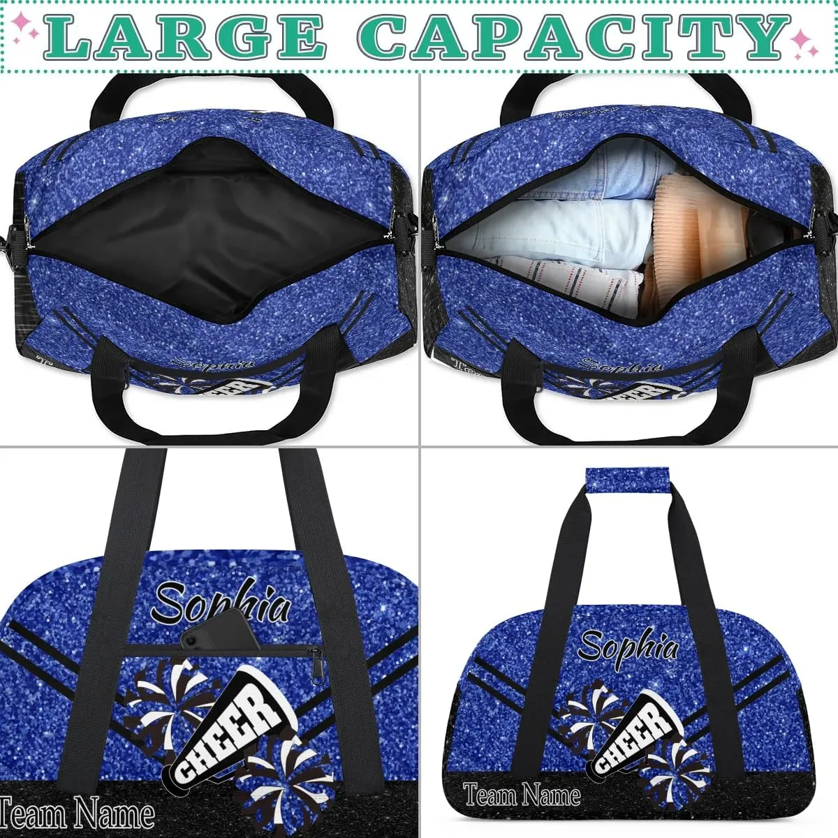 Personalized Cheer Cheerleadr Gym Duffel Bag, Custom Sport Duffle Bag, Custom Name Overnight Weekender Bag for Women Men Travel Vocation Business Trip, Dark Blue Glitter