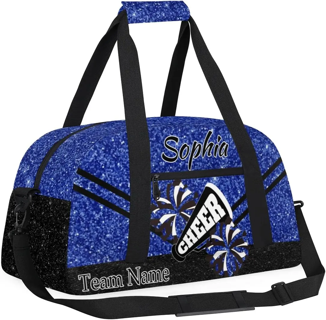 Personalized Cheer Cheerleadr Gym Duffel Bag, Custom Sport Duffle Bag, Custom Name Overnight Weekender Bag for Women Men Travel Vocation Business Trip, Dark Blue Glitter