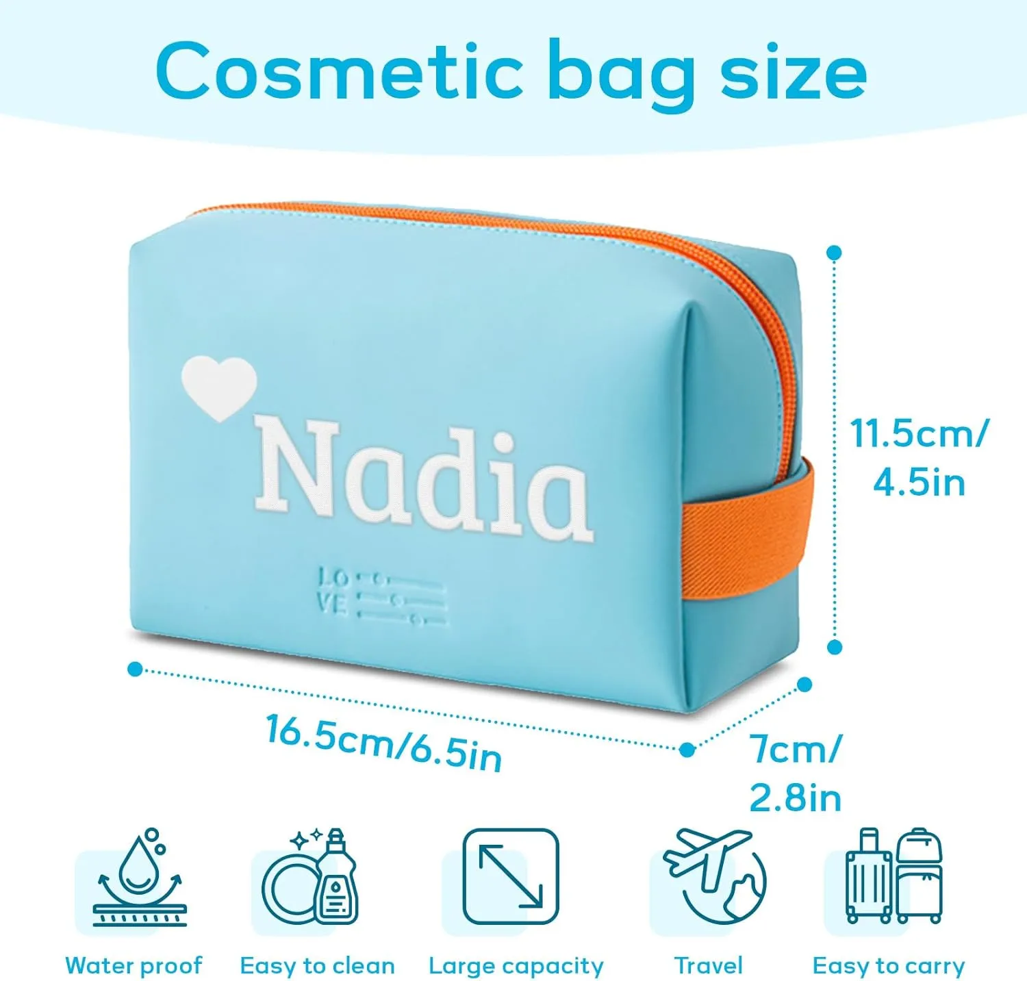 Personalized Makeup Bag, Custom Cosmetic Bag with Embroidered Name PU Leather Travel Organizer Toiletry Bag Make Up Bags, Gift for Bridesmaid Bride Wedding (Light Blue)
