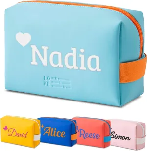 Personalized Makeup Bag, Custom Cosmetic Bag with Embroidered Name PU Leather Travel Organizer Toiletry Bag Make Up Bags, Gift for Bridesmaid Bride Wedding (Light Blue)