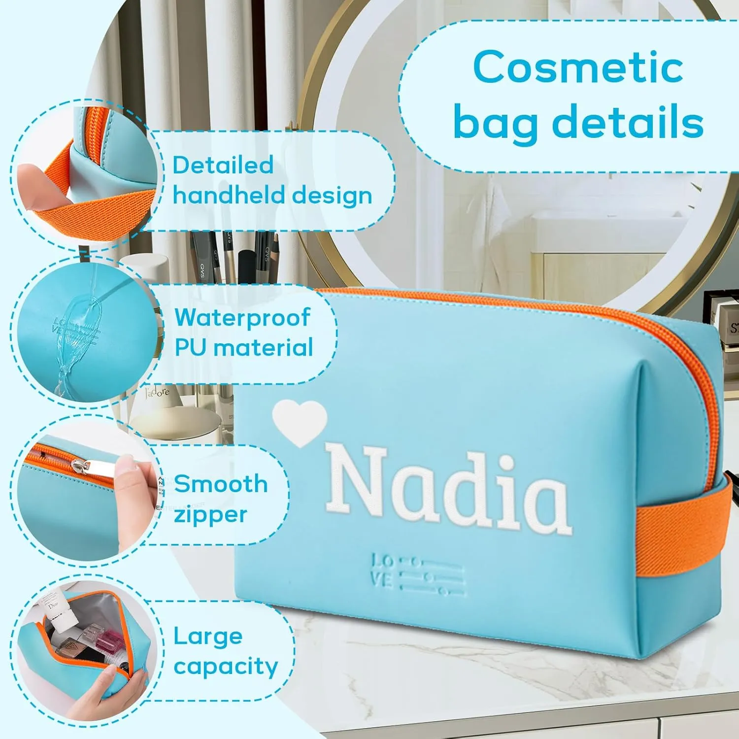 Personalized Makeup Bag, Custom Cosmetic Bag with Embroidered Name PU Leather Travel Organizer Toiletry Bag Make Up Bags, Gift for Bridesmaid Bride Wedding (Light Blue)
