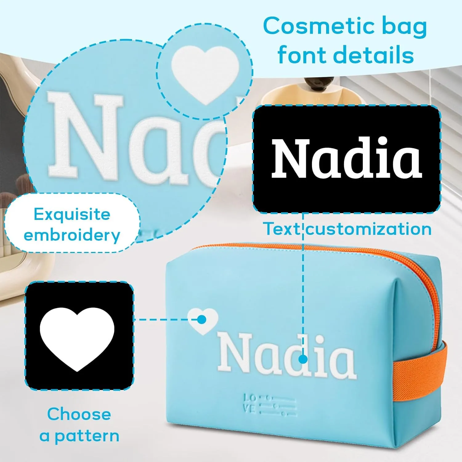 Personalized Makeup Bag, Custom Cosmetic Bag with Embroidered Name PU Leather Travel Organizer Toiletry Bag Make Up Bags, Gift for Bridesmaid Bride Wedding (Light Blue)