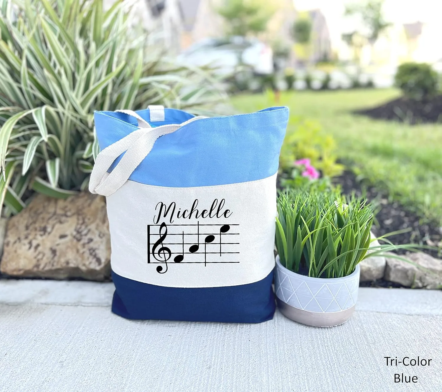 Personalized Music Tote Bag Custom Music Bag Piano Lesson Bag Music Gifts Music Birthday Gift Music Teacher Bag (15"L x 15"H x 3"D, Tri-Color Blue)