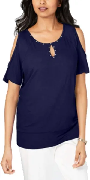 Petite Studded Cold-Shoulder Keyhole Top
