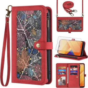 Phone Case for Cricket Icon 6 SL219C/AT&T Verge SL219A Wallet Cover With Tempered Glass Screen Protector Crossbody Wrist Strap Leather Flip Pattern Zipper Credit Card Holder Stand Cell Icon6/ATT Red
