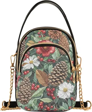 Pine Cones and Floral Quilted Crossbody Bag Small Shoulder Purse Women's Handbags Phone Purse with Chain