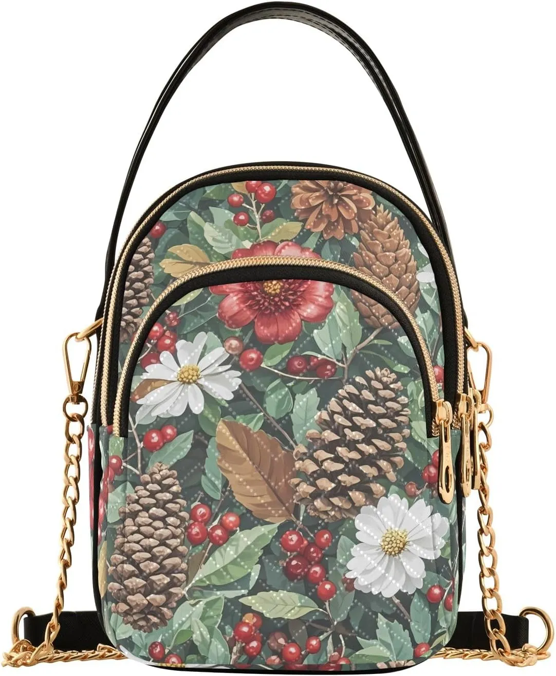 Pine Cones and Floral Quilted Crossbody Bag Small Shoulder Purse Women's Handbags Phone Purse with Chain