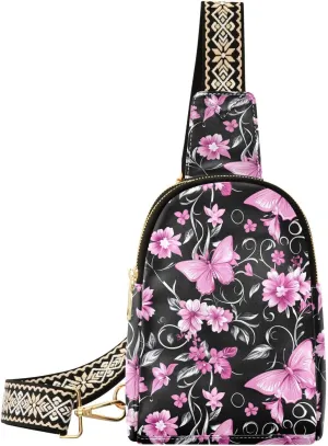 Pink Black Butterfly Stylish PU Leather Waist Pack Soft Waterproof Crossbody Bag with Metal Hardware Fits Keys Phone Passport for Work Walks Music Fests & Trips