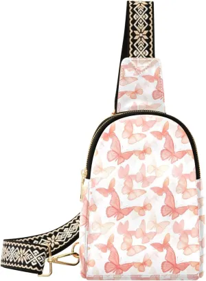 Pink Butterfly Compact Fashion Daypack Full-Print PU Leather Crossbody Bag with Card Pocket & Adjustable Strap for Women on the Go Festivals Travel & Hikes