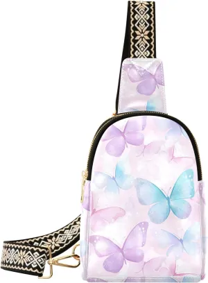 Pink Butterfly Compact Fashion Daypack Full-Print PU Leather Crossbody Bag with Card Pocket & Adjustable Strap for Women on the Go Festivals Travel & Hikes