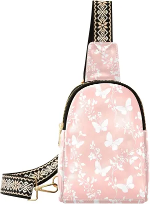 Pink Butterfly Compact Fashion Daypack Full-Print PU Leather Crossbody Bag with Card Pocket & Adjustable Strap for Women on the Go Festivals Travel & Hikes