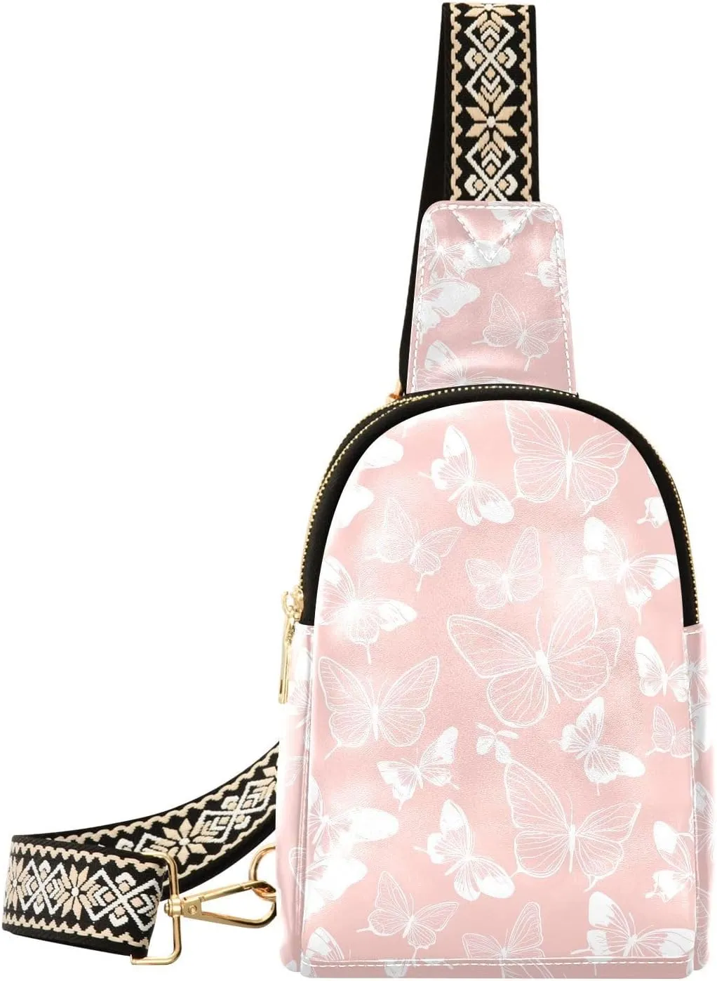 Pink Butterfly Stylish PU Leather Waist Pack Soft Waterproof Crossbody Bag with Metal Hardware Fits Keys Phone Passport for Work Walks Music Fests & Trips