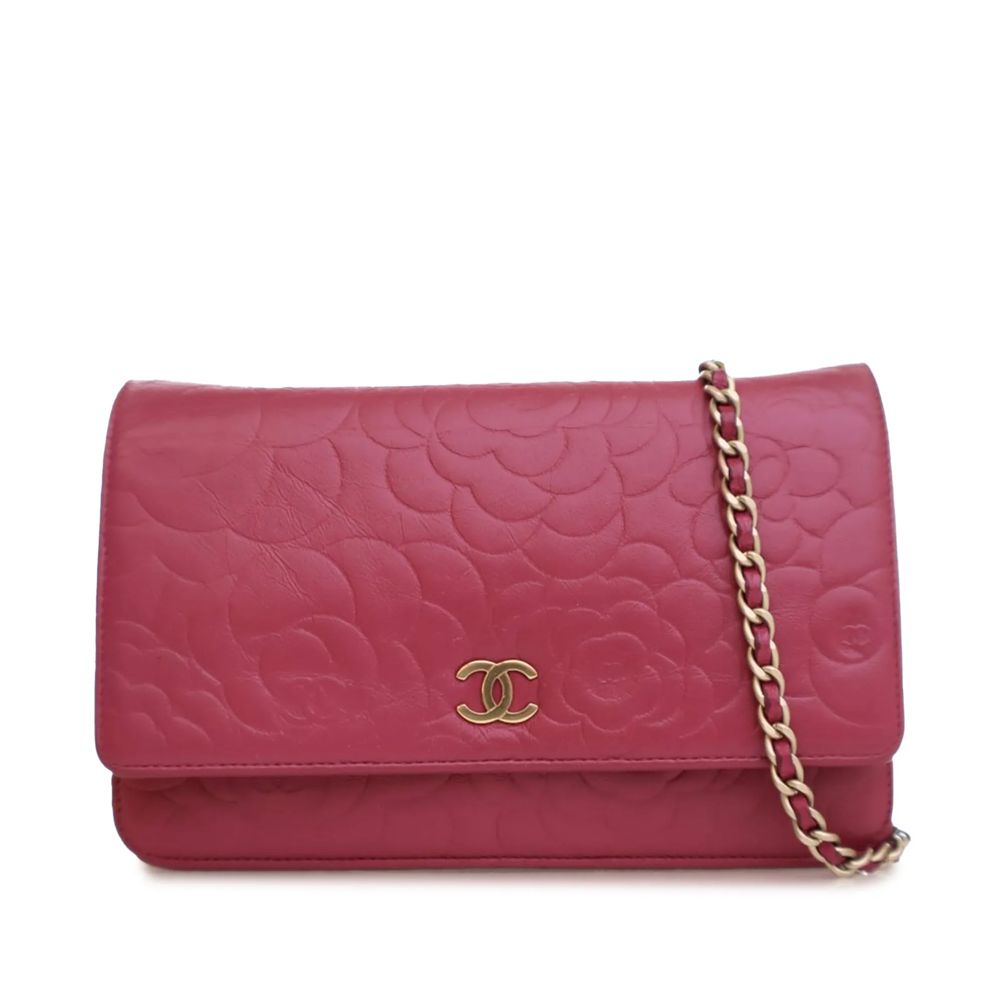 Pink Chanel Embossed Lambskin Camellia Wallet On Chain Crossbody Bag