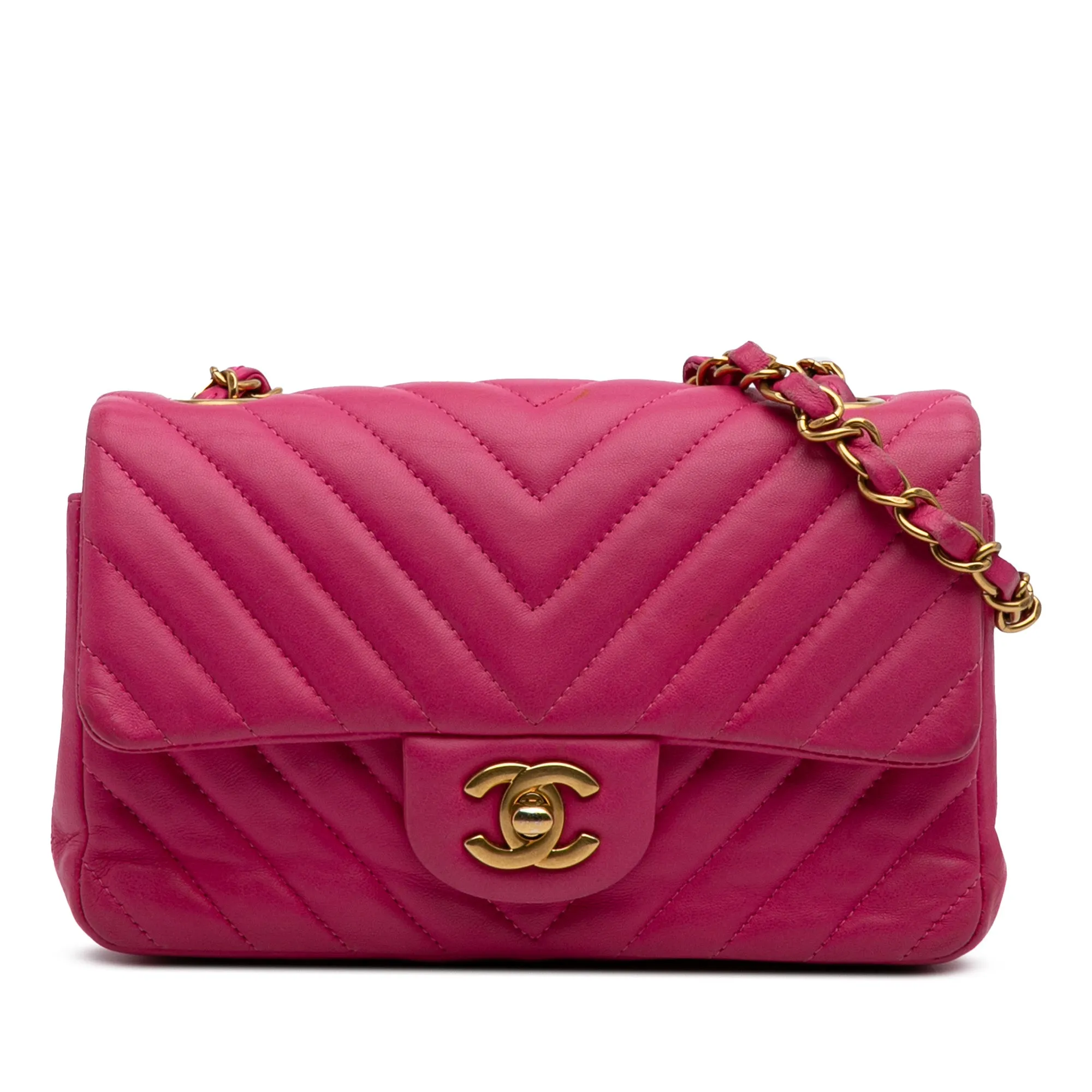 Pink Chanel Mini Rectangular Classic Chevron Lambskin Single Flap Crossbody Bag