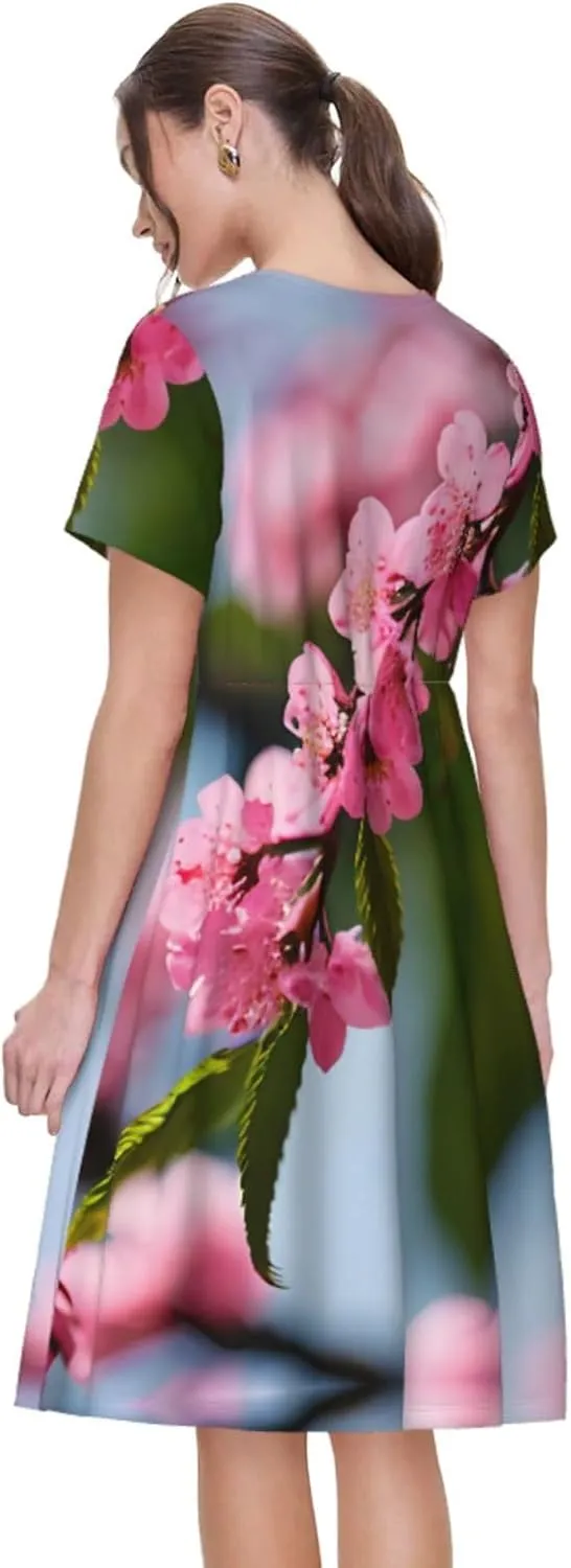 Pink Cherry Blossoms 1 Women's Summer Casual T Shirt Dress Summer Short Sleeve Swing Dresses S-3xl Graduation Gift