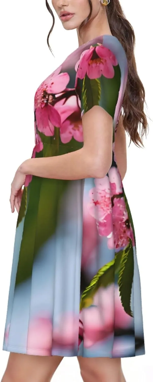 Pink Cherry Blossoms 1 Women's Summer Casual T Shirt Dress Summer Short Sleeve Swing Dresses S-3xl Graduation Gift