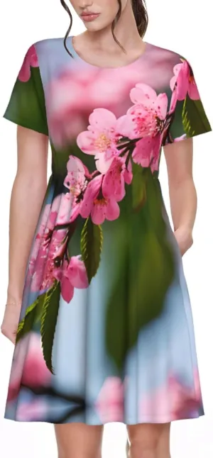 Pink Cherry Blossoms 1 Women's Summer Casual T Shirt Dress Summer Short Sleeve Swing Dresses S-3xl Graduation Gift