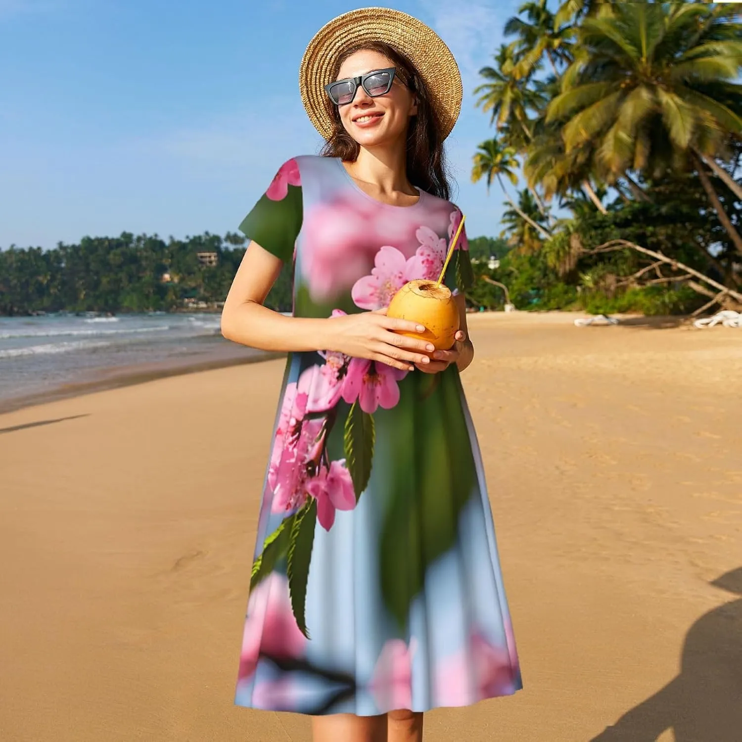 Pink Cherry Blossoms 1 Women's Summer Casual T Shirt Dress Summer Short Sleeve Swing Dresses S-3xl Graduation Gift
