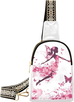 Pink Flower Fairy Stylish PU Leather Waist Pack Soft Waterproof Crossbody Bag with Metal Hardware Fits Keys Phone Passport for Work Walks Music Fests & Trips