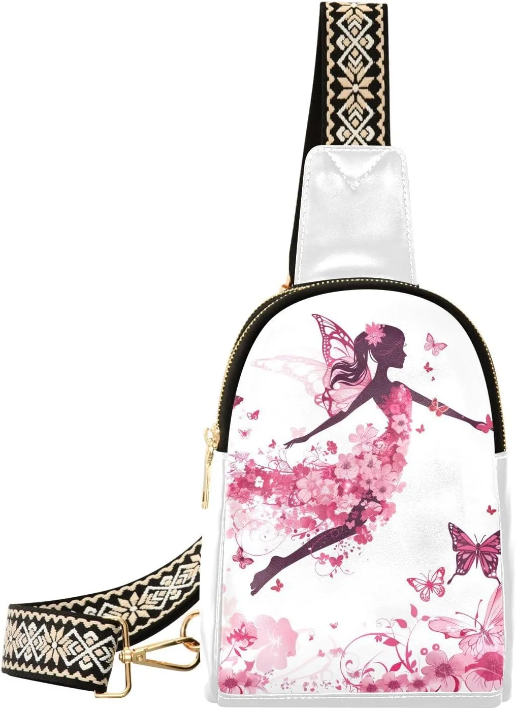 Pink Flower Fairy Stylish PU Leather Waist Pack Soft Waterproof Crossbody Bag with Metal Hardware Fits Keys Phone Passport for Work Walks Music Fests & Trips