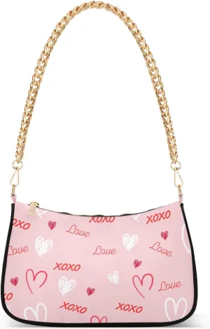 Pink White Heart Romantic Shoulder Handbags for Women Travel Hobo Tote Handbag Women Gold Chain Shoulder Bags Purse with Zipper Closure