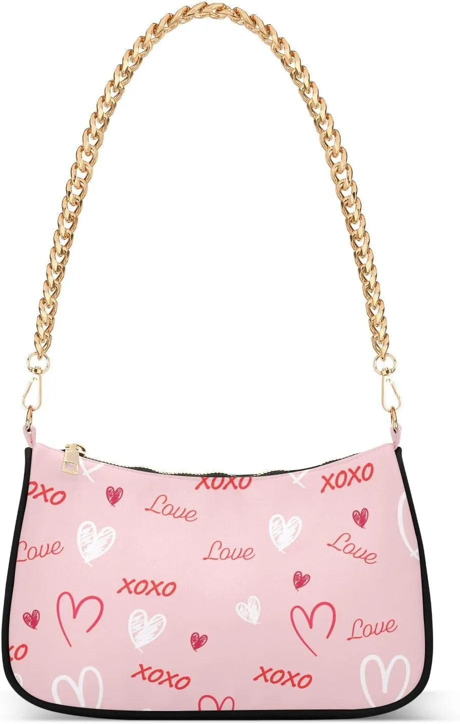 Pink White Heart Romantic Shoulder Handbags for Women Travel Hobo Tote Handbag Women Gold Chain Shoulder Bags Purse with Zipper Closure