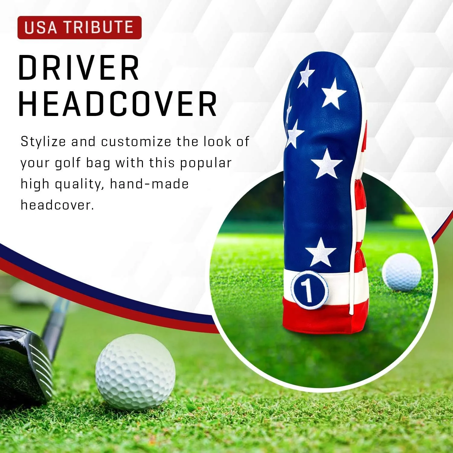 Pins & Aces USA Head Cover - Premium, Hand-Made Leather, Hi Quality Headcover - American Pride Styled, Tour Quality Golf Club Cover - Style and Customize Your Golf Bag