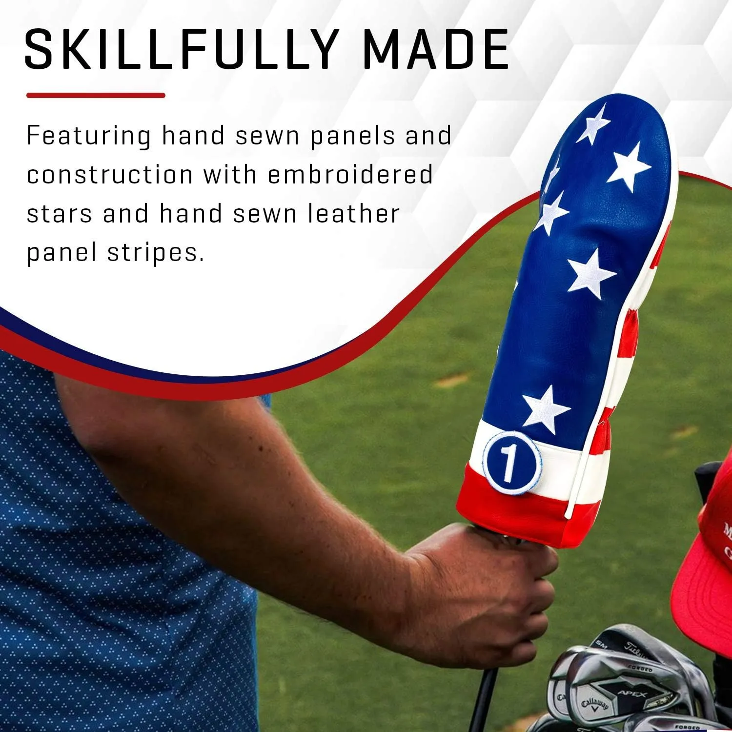 Pins & Aces USA Head Cover - Premium, Hand-Made Leather, Hi Quality Headcover - American Pride Styled, Tour Quality Golf Club Cover - Style and Customize Your Golf Bag
