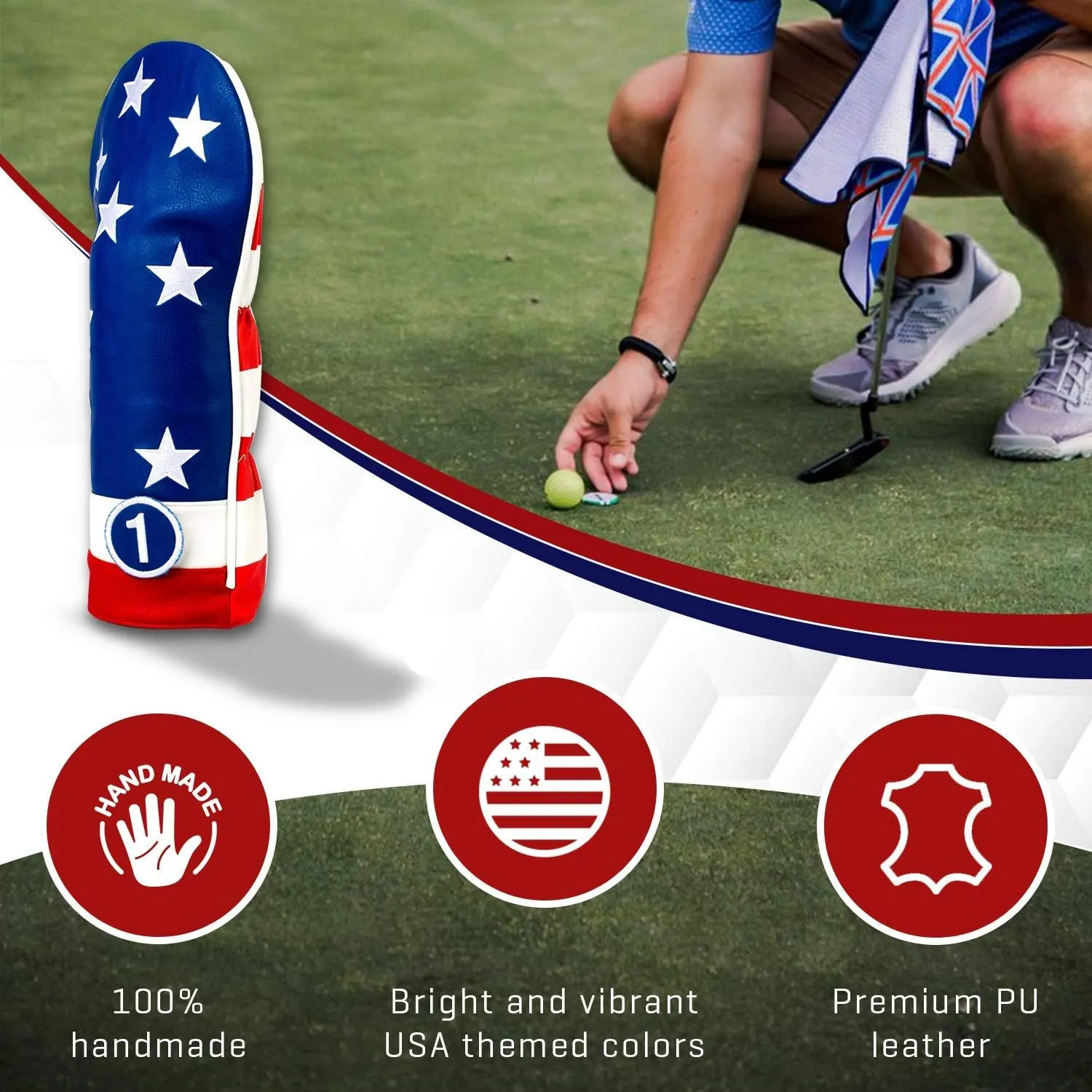 Pins & Aces USA Head Cover - Premium, Hand-Made Leather, Hi Quality Headcover - American Pride Styled, Tour Quality Golf Club Cover - Style and Customize Your Golf Bag