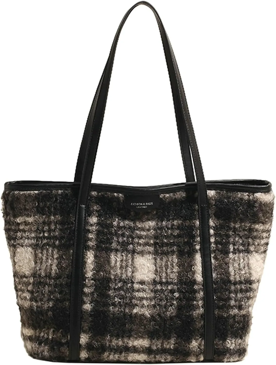 Plaid Woolen Tote Bag Women 2024 Commuter Shoulder Bag PU Strap Autumn Winter Purse Zip Closure Work Daily Use Travel