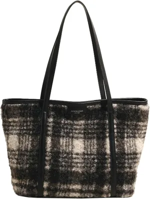Plaid Woolen Tote Bag Women 2024 Commuter Shoulder Bag PU Strap Autumn Winter Purse Zip Closure Work Daily Use Travel