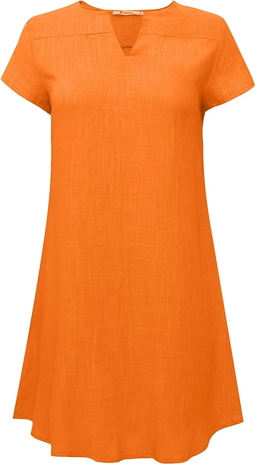 Plus Size Dress for Women Short Sleeve Cotton Linen Dress Summer Solid V-Neck Dress Vacation Boho Dress Sundress