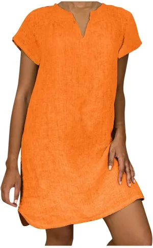 Plus Size Dress for Women Short Sleeve Cotton Linen Dress Summer Solid V-Neck Dress Vacation Boho Dress Sundress