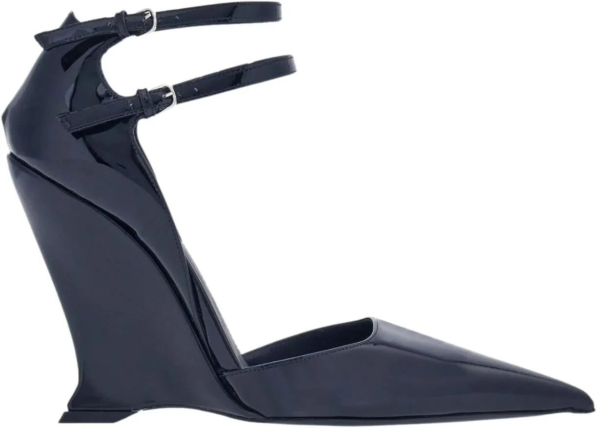 Pointed Closed Toe Wedge Heels for Women, Sexy Patent Leather Buckle Strap Office Dress Pumps Shoes