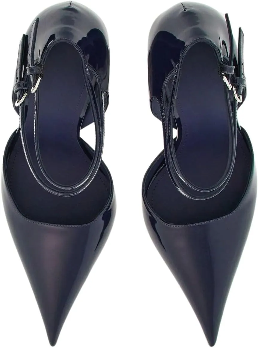 Pointed Closed Toe Wedge Heels for Women, Sexy Patent Leather Buckle Strap Office Dress Pumps Shoes