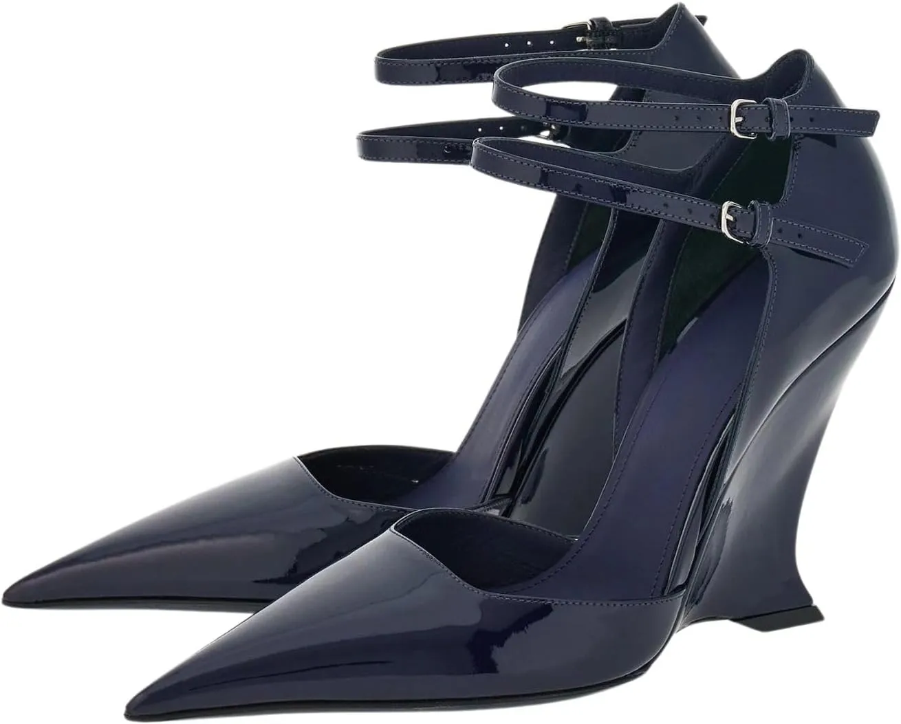 Pointed Closed Toe Wedge Heels for Women, Sexy Patent Leather Buckle Strap Office Dress Pumps Shoes