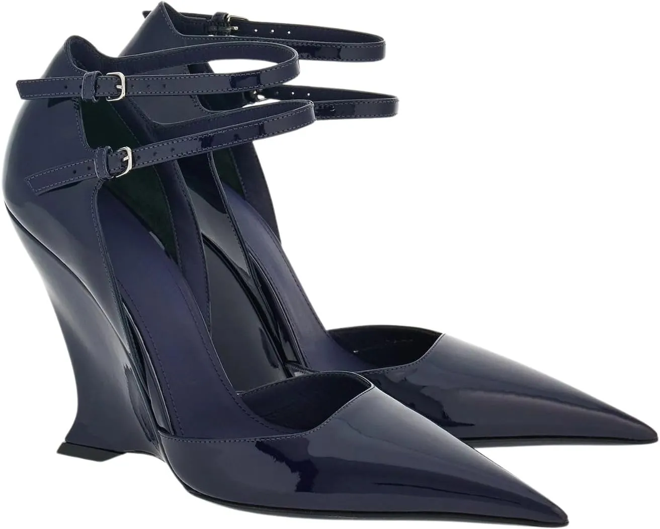 Pointed Closed Toe Wedge Heels for Women, Sexy Patent Leather Buckle Strap Office Dress Pumps Shoes
